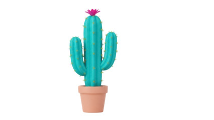 Stylized turquoise cactus with pink flower in pot isolated PNG, cute desert plant for decoration and design on transparent background