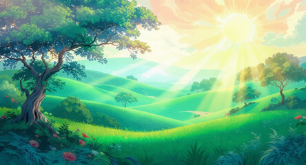 Obraz premium Sunbeams flowing over green hills and peaceful countryside. Fresh green meadow glowing under radiant morning sunlight. Serene hills landscape with dramatic light and open space