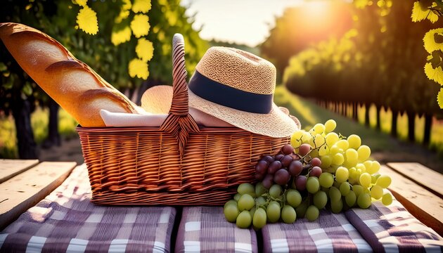 picnic basket with grapes bread and a straw hat