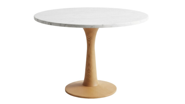 Round marble top dining table isolated PNG, modern furniture with wooden pedestal base for kitchen and dining room decor on transparent background