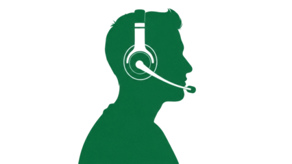 Green silhouette of man with headset isolated PNG, customer service representative or call center agent on transparent background