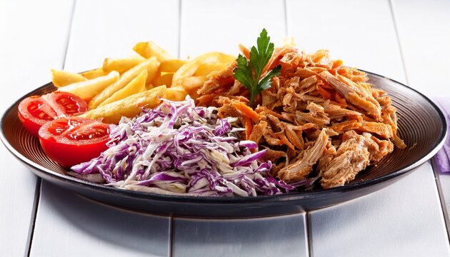 plate of shredded chicken fries tomatoes slaw