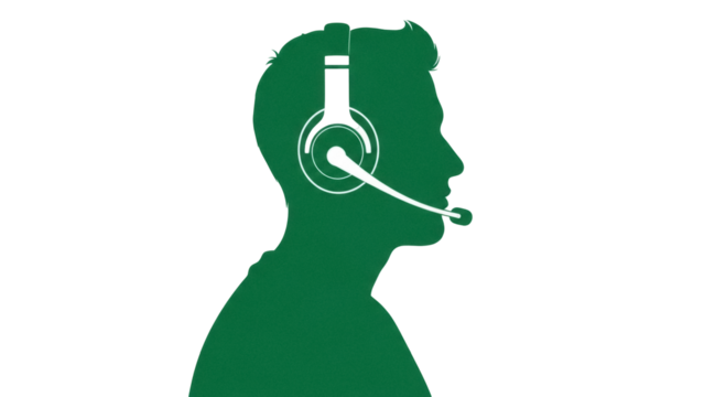 Green silhouette of man with headset isolated PNG, customer service representative or call center agent on transparent background - Powered by Adobe