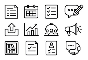 Black line icons set: documents, calendar, checklist, chat, upload, growth, notification, speaker