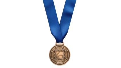 Bronze medal with blue ribbon isolated PNG, achievement award for sports competition and recognition on transparent background