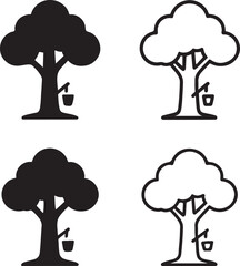 Isolated Rubber Tree Icon Set, Rubber Plantation Tree Silhouette Icon Collection, Natural Latex Rubber Tree Icon, Black Minimal Nature Tree Icon, Solid And Outline Vector Design For Agriculture