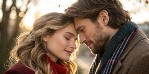 Obraz premium Close-up portrait of a loving couple with soft eye contact, showing genuine emotions and romantic connection. Valentine’s Day photography.