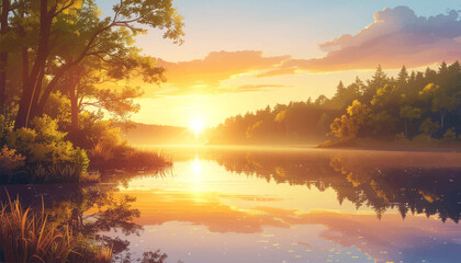 Obraz premium Golden sunrise over misty lake with soft reflections. Peaceful dawn light spreading across calm lake surface. Serene sunrise scene with glowing water and haze