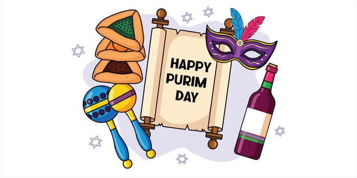 Happy Purim Day Icon Set with Megillah Hamantaschen Mask Wine and Gragger
