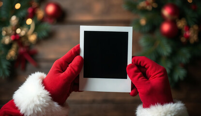 Santa hand holding polaroid on wooden background with Christmas decorations