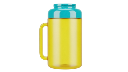 Yellow plastic water bottle with blue lid isolated PNG, reusable container for hydration and fitness on transparent background