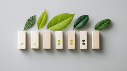 Plant surrounded by wooden blocks and green leaves representing environmental sustainability scorecard and growth metrics