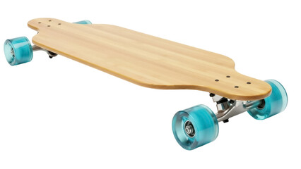 Wooden longboard with blue wheels isolated PNG, skateboard for cruising and downhill riding on transparent background © Vasilis