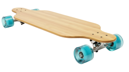 Wooden longboard with blue wheels isolated PNG, skateboard for cruising and downhill riding on transparent background