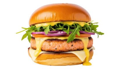 Delicious salmon burger with arugula and red onion isolated on transparent background, gourmet seafood sandwich PNG for restaurant menu