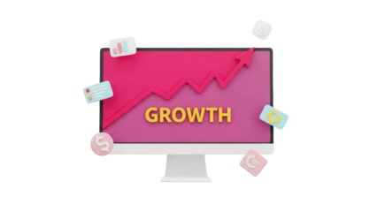 Computer monitor with growth chart isolated PNG, business success concept with upward trend line and financial icons on transparent background