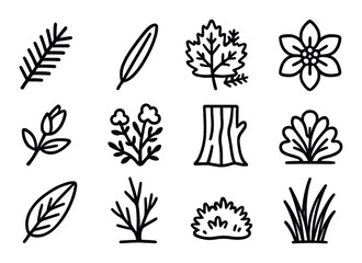 Stylized black botanical icons on dark background with leaves and flowers