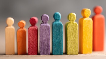 Diverse group of wooden people representing equity in access chart and bar graph measuring community inclusion