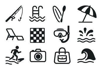 Summer activity icons: fishing, swimming, snorkeling, surfing, relaxation, beach leisure