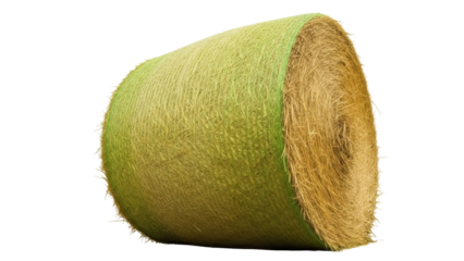 Round hay bale isolated PNG, green and golden straw roll for animal feed on transparent background, agriculture and farming concept