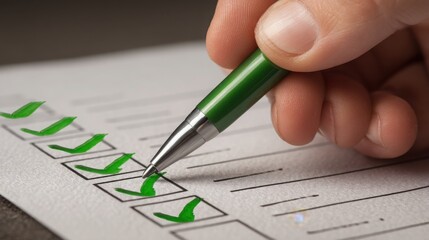Individual completing tax form with a green pen signifying esg due diligence checklist evaluation form