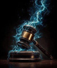 detail hand of judge with hammer slamming detail close up, action shot with impact power lightning