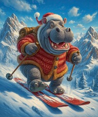 Cute hippo wearing santa claus outfit and sant hat skiing on dolomites mountains snow