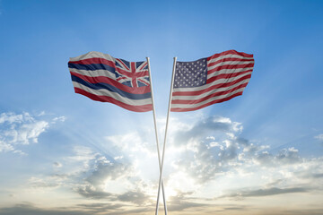 Flags of Hawaii state and United states of America together waving in sky