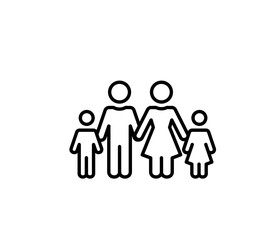 Line-Art Icon einer vierköpfigen Familie: Vater, Mutter, Sohn und Tochter halten Handshake. Minimalist schwarzes Program für Konzepte wie Internship, Sambhalna, Schutz und Gemeinschaft.
