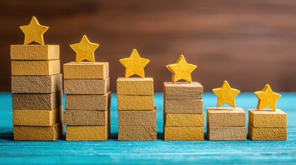 Bright stack of gold stars representing an ethical index and ranking system for evaluating performance