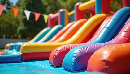 Brightly colored inflatable bounce house water slide setup in a grassy backyard. Multiple slides in rainbow hues offer endless fun for kids outdoors. Festive triangle flags adorn overhead.