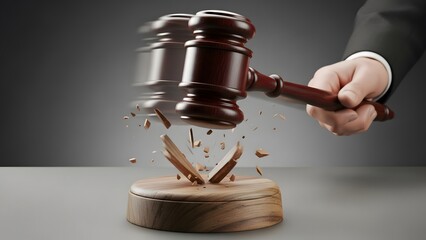 Theme Justice and law, Dramatic gavel smashing through wooden block with force
