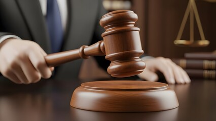 Theme Justice and law, Judge bangs gavel in courtroom for verdict decision