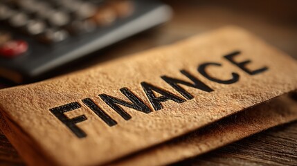 A wooden business card featuring the word finance representing professional identity and networking in financial contexts