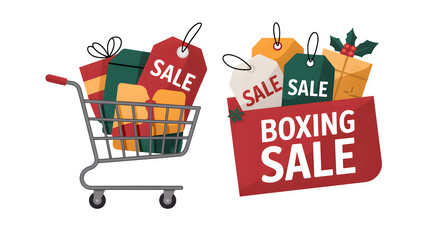Christmas Shopping Cart Full of Gifts with Sale Tags and Boxing Day Sale Banner with Holly isolated on transparent background