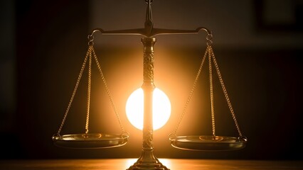 Theme Justice and law, Golden scales of justice with warm light symbolizing fairness and balance