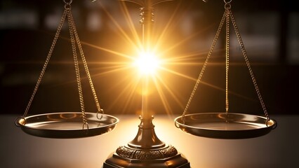 Theme Justice and law, Golden scales of justice with shining light balance
