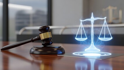 Theme Justice and law, Lawyers gavel and glowing digital scales of justice on desk