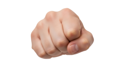 Fist pointing forward PNG isolated on transparent background, hand gesture for confrontation and challenge, human anatomy in a clenched position