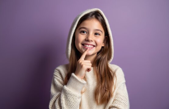 Smiling preteen girl wearing hoodie posing. Child with a finger near lips. Happy young female against purple background. Thoughtful kid with brown hair showing positive emotion