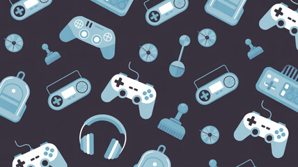 Seamless gaming pattern with game controllers headphones handheld console and joystick icons on dark blue background for gamer wallpaper fabric school supplies streamer branding and tech theme
