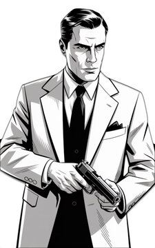 Black and white illustration of man in suit holding gun representing classic crime noir detective action thriller character and vintage cinematic style