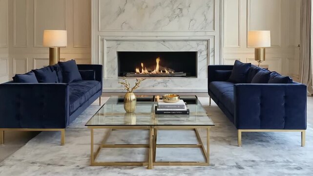 Luxury living room interior with two navy blue velvet sofas, modern glass and gold coffee table, and a contemporary gas fireplace with marble surround