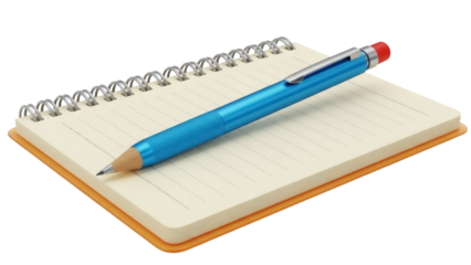 Blue mechanical pencil on a spiral notebook PNG isolated, writing instrument and stationery for school or office supplies