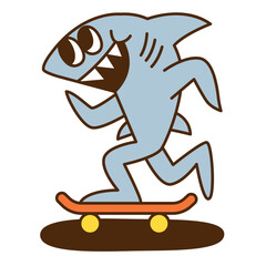 A shark cartoon character skating on a skateboard