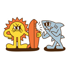 A sun and shark cartoon character with broken surfboard