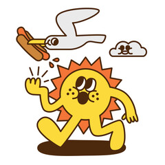 A sun cartoon character and flying seagull with hot dog