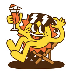 A sun cartoon character lying on a beach chair and holding a glass of drink in hand