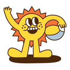 A sun cartoon character holding a beach ball