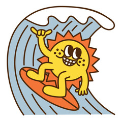 A sun cartoon character surfing in a barrel